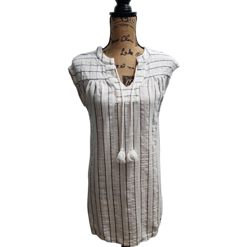 Maven West Striped‎ Linen Blend Tunic Dress with Tassel Ties XS